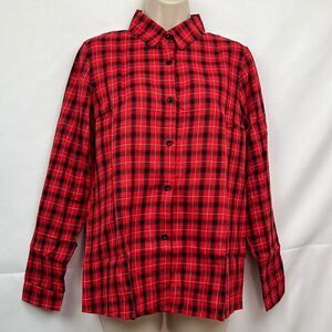 Meaneor red and black plaid button-down long sleeve collar shirt for wom…